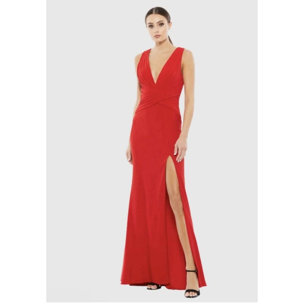 IEENA Mac Duggal Gown Dress Size 12 Red Cross Pleated Bodice Jersey 55703